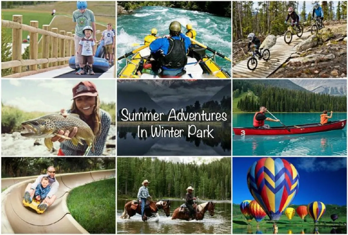 A lively outdoor scene filled with families and children enjoying a variety of activities, including rafting on clear blue water, biking through lush greenery, kayaking, fishing, horseback riding, tubing, and colorful hot air balloons soaring in the background. The environment is vibrant, adventurous, and full of life, with children playing and families bonding in nature.