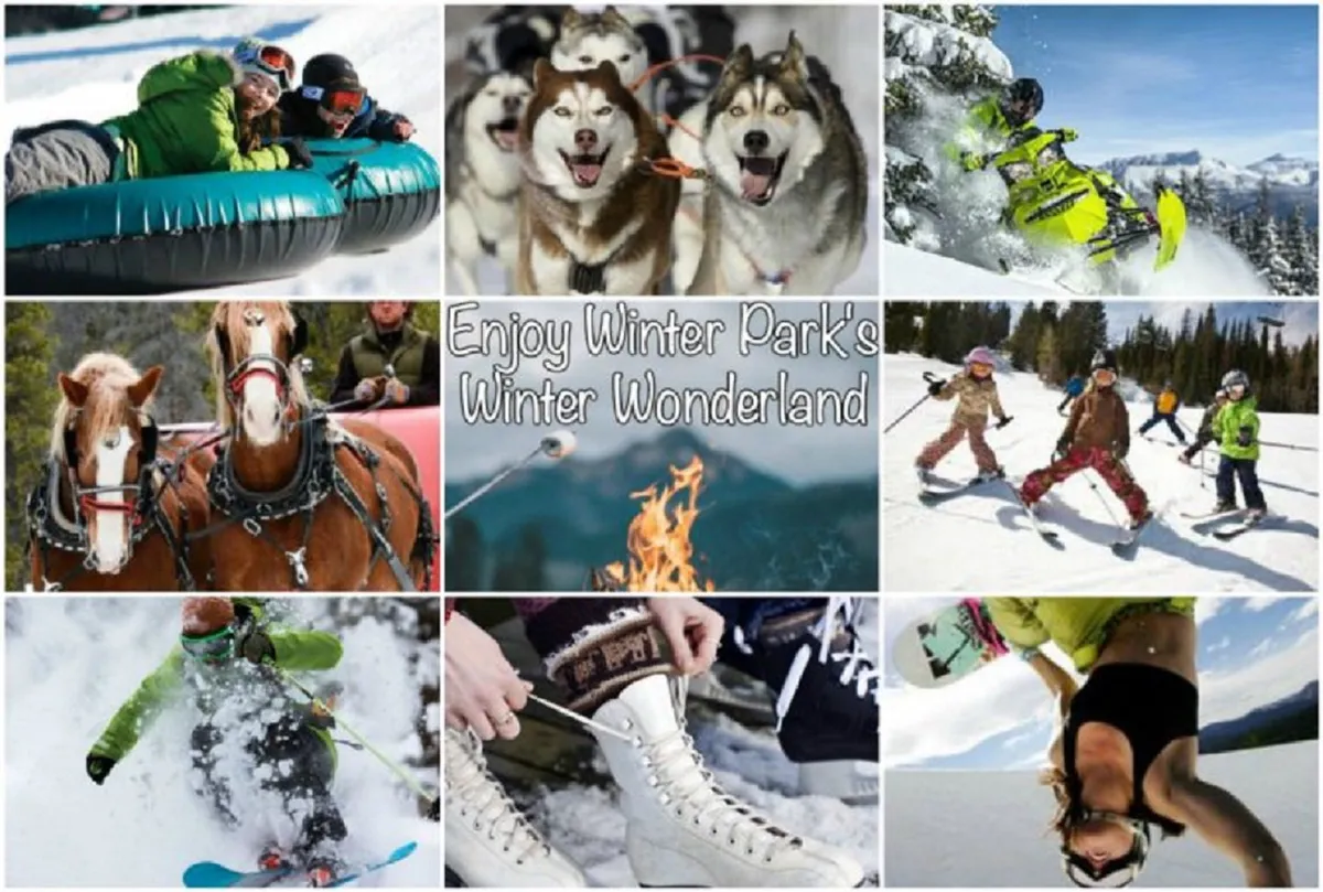 A dynamic winter landscape featuring people tubing down snowy hills, children skiing and snowboarding, friendly huskies for dog sledding, snowmobiles, a horse-drawn sleigh, and a cozy campfire gathering. The scene is filled with joyful families playing and making the most of the winter wonderland.