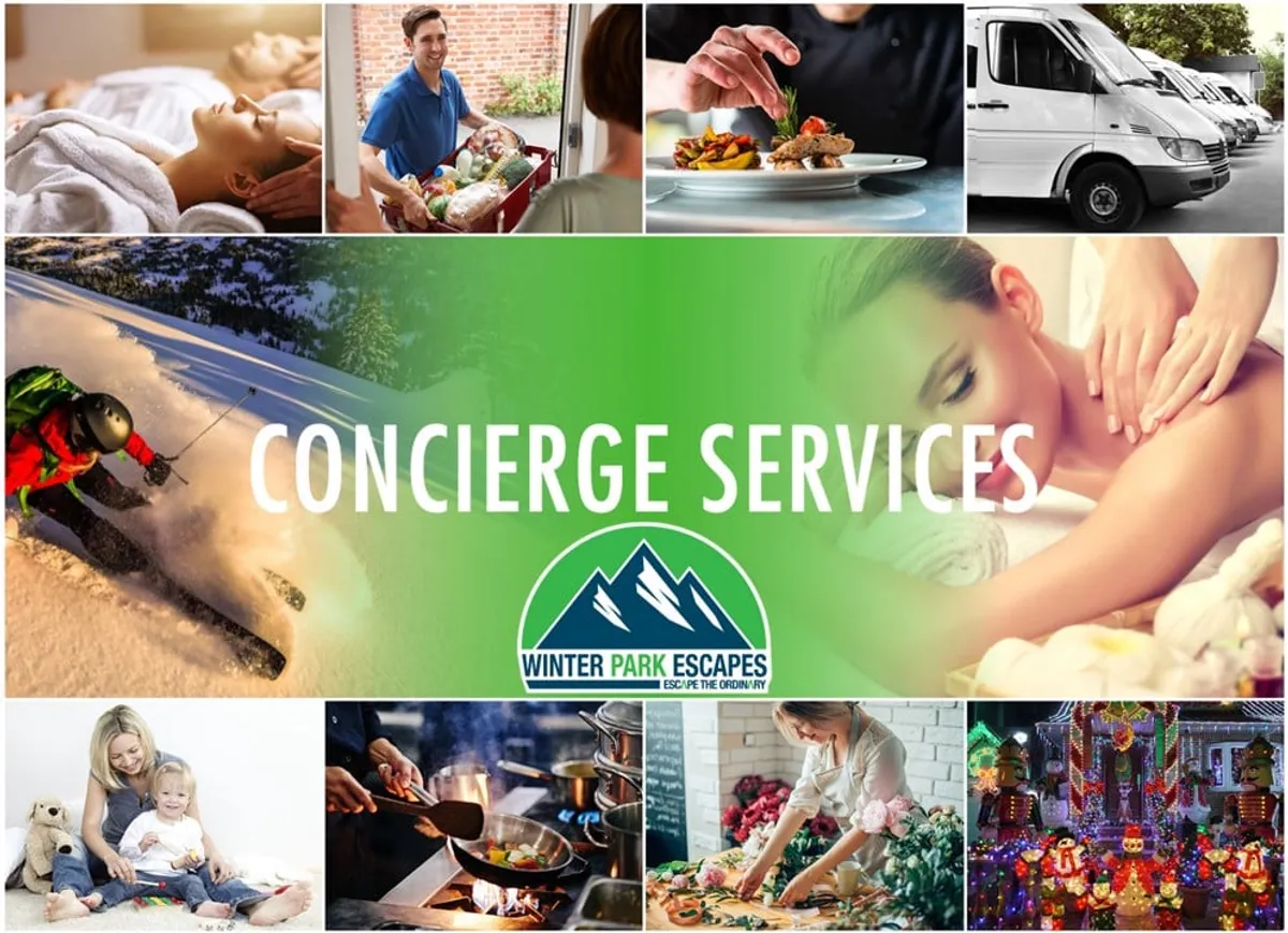 A vibrant collage-style interior scene presenting a spa treatment setup, food delivery, cozy family moments, and hints of outdoor adventure like skiing. The spa area suggests in-room massage experiences and luxury pampering.