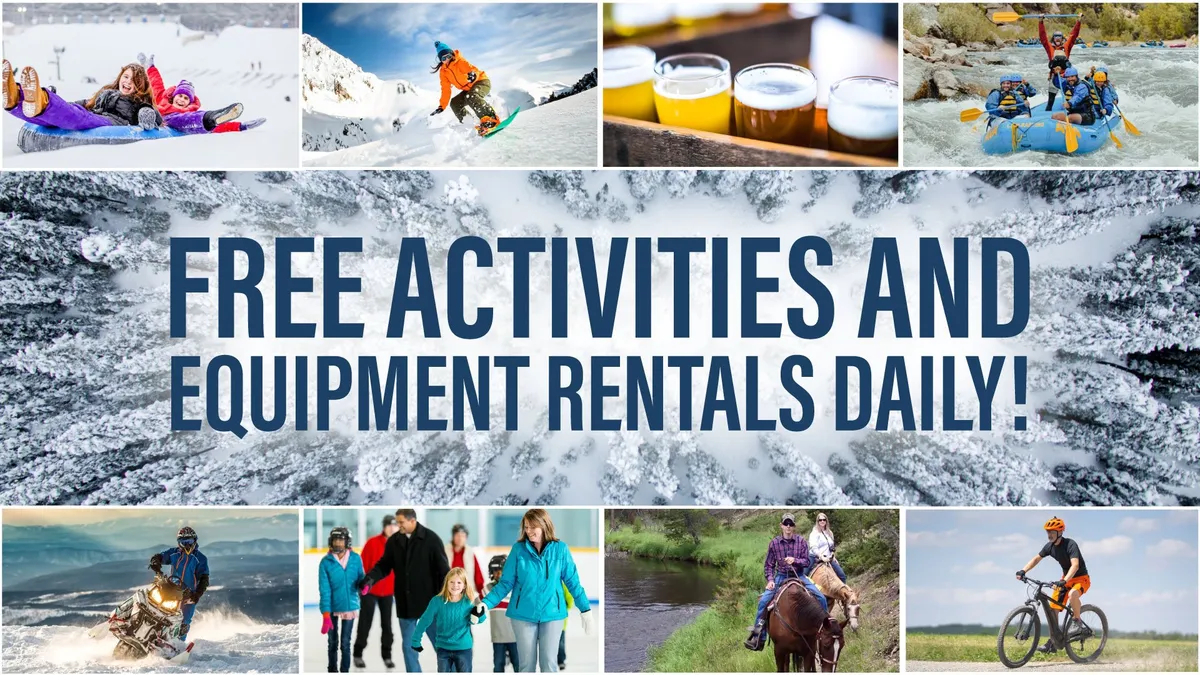 This vibrant exterior image captures people actively participating in a host of year-round mountain activities, including skiing, snowmobiling, rafting, biking, and craft beer tasting. Families and friends are shown enjoying dynamic outdoor adventures, set against a stunning mountain backdrop.